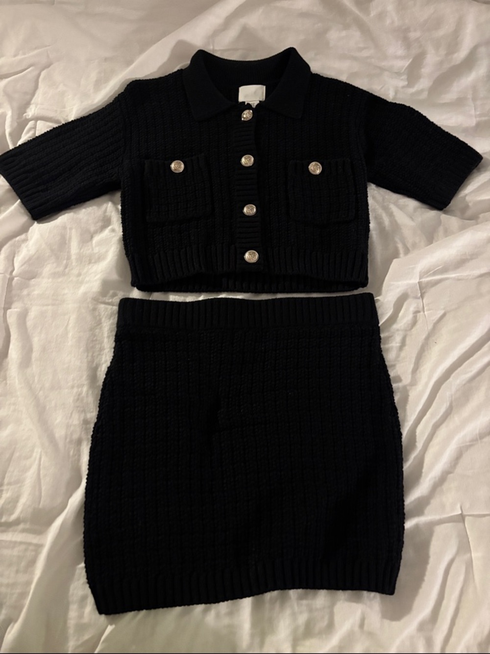 H&M Crochet Polo with Gold Buttons and Skirt Set